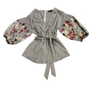 RD & Koko Floral Embroidered Faux Wrap Top Women Size Medium Black White Striped